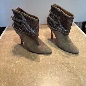Manolo Blahnik chain link accent suede booties